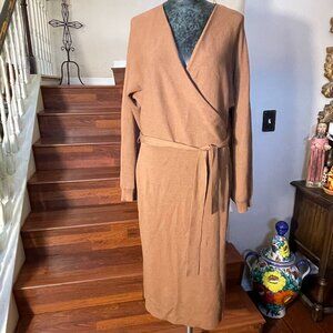 Nicole Miller Large Long Sleeve Knit Brown V-neck Faux Wrap Sweater Dress Midi